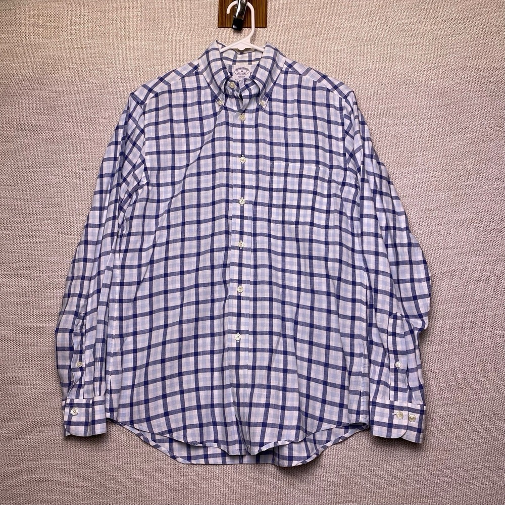 Brooks Brothers 1818 Shirt M Mens S/S Button Down Irish Linen Blue Check VGUC - Picture 2 of 9